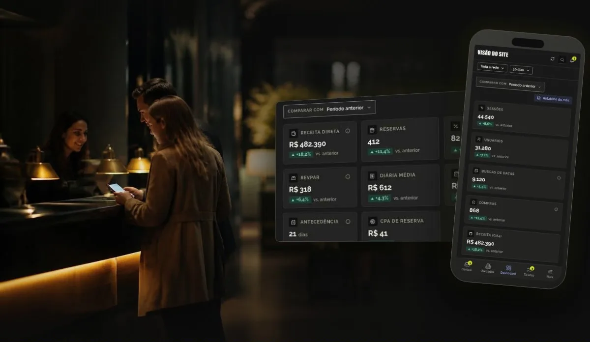 Recepção de hotel com hóspedes ao fundo e telas do MINNR em primeiro plano