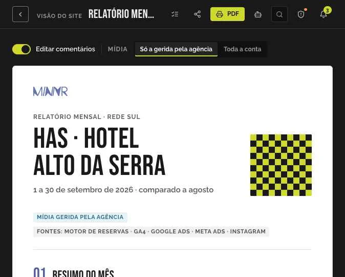 Capa do relatório mensal de uma unidade no MINNR, com período, fontes de dados e botão para gerar PDF