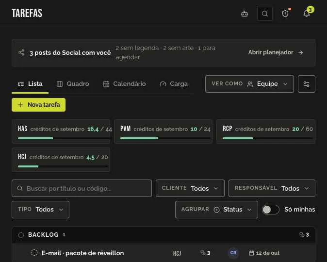 Tela de tarefas do MINNR com abas de lista, quadro e calendário e filtros por cliente e responsável